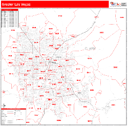 Greater Las Vegas Wall Map Zip Code Red Line Style 2025